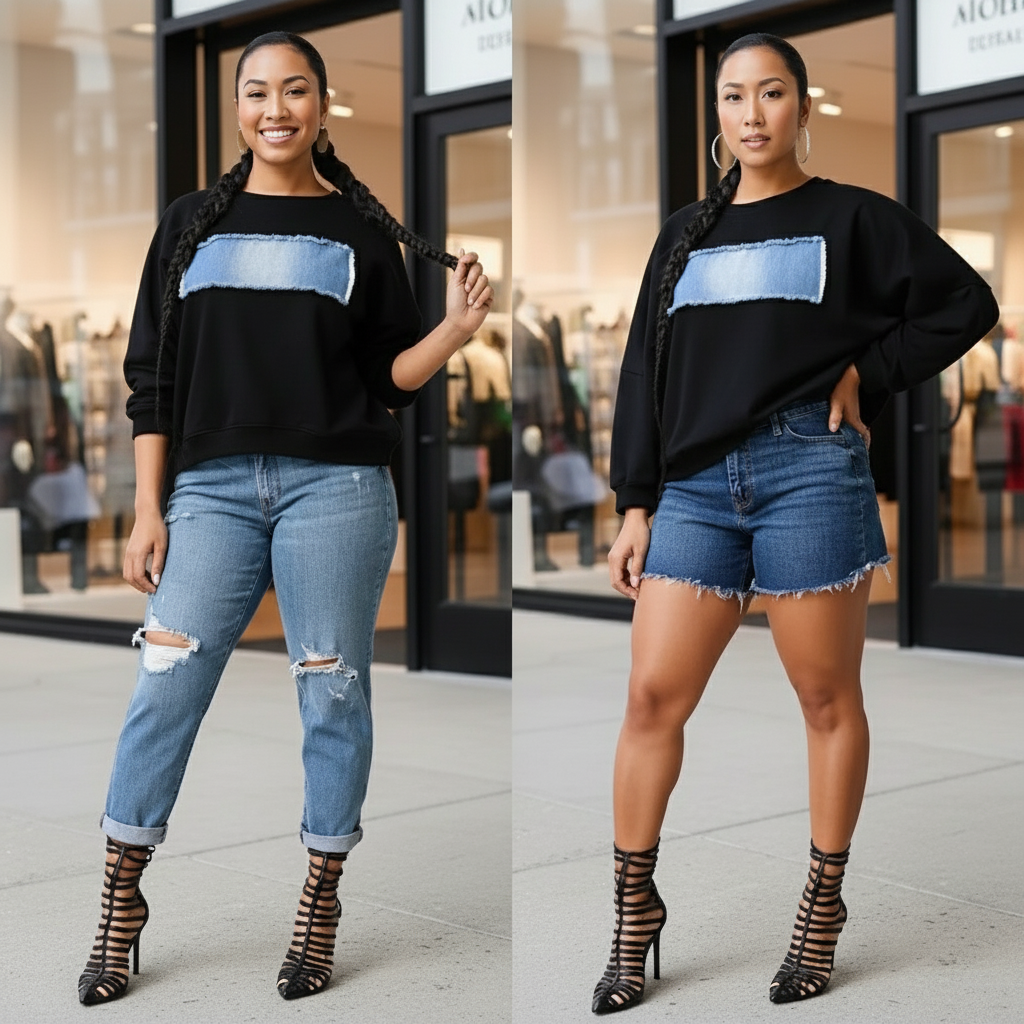 OVERSIZE DENIM PATCH CREW NECK SWEATSHIRT